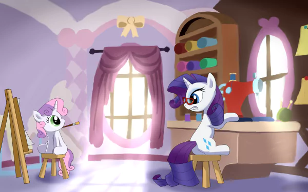 HD desktop wallpaper featuring Sweetie Belle and Rarity from the TV show My Little Pony: Friendship Is Magic inside a cozy sewing room.