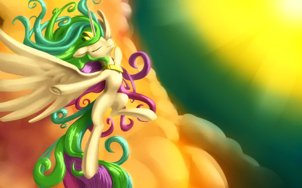 Princess Celestia from My Little Pony: Friendship Is Magic gracefully soars among vibrant clouds, illuminated by sunlight in this stunning HD desktop wallpaper.