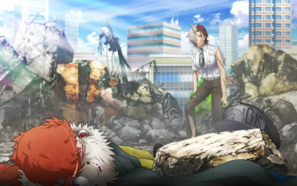 HD PC desktop wallpaper featuring Ayaka Kagari and Kazane Kagari from the anime Witch Craft Works amid a cityscape with rubble, tagged Chronoire Schwarz VI.