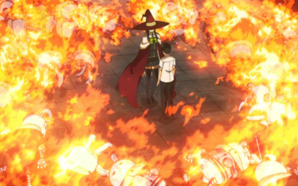 HD PC wallpaper featuring anime characters Honoka Takamiya and Ayaka Kagari from Witch Craft Works, surrounded by vivid flames creating a dramatic and intense scene.