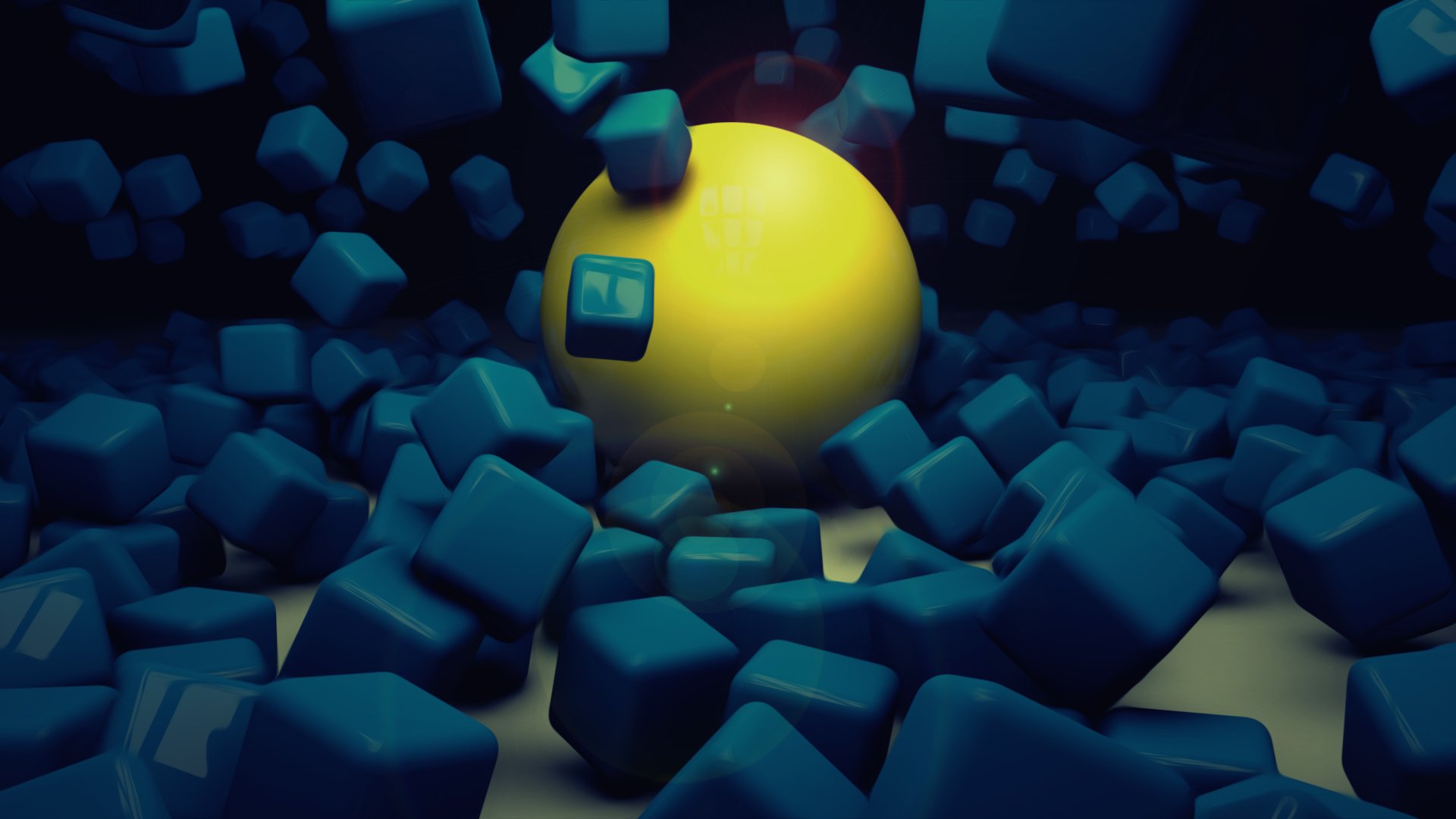 Abstract artistic HD PC desktop wallpaper featuring a bright yellow sphere with a screen, surrounded by dark blue cubic shapes in a surreal, geometric environment.