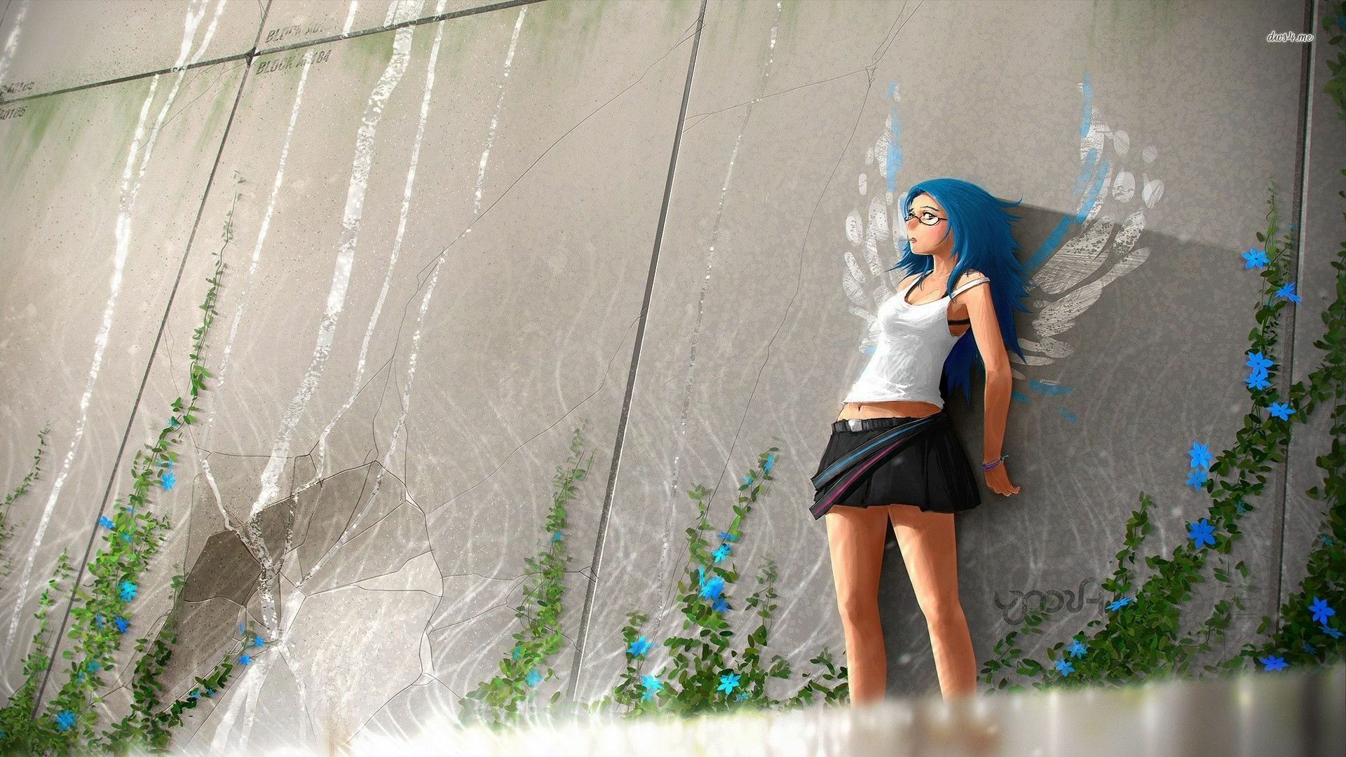HD desktop wallpaper featuring an anime girl with blue hair, wearing a white top and black skirt, standing beside a vine-covered wall.