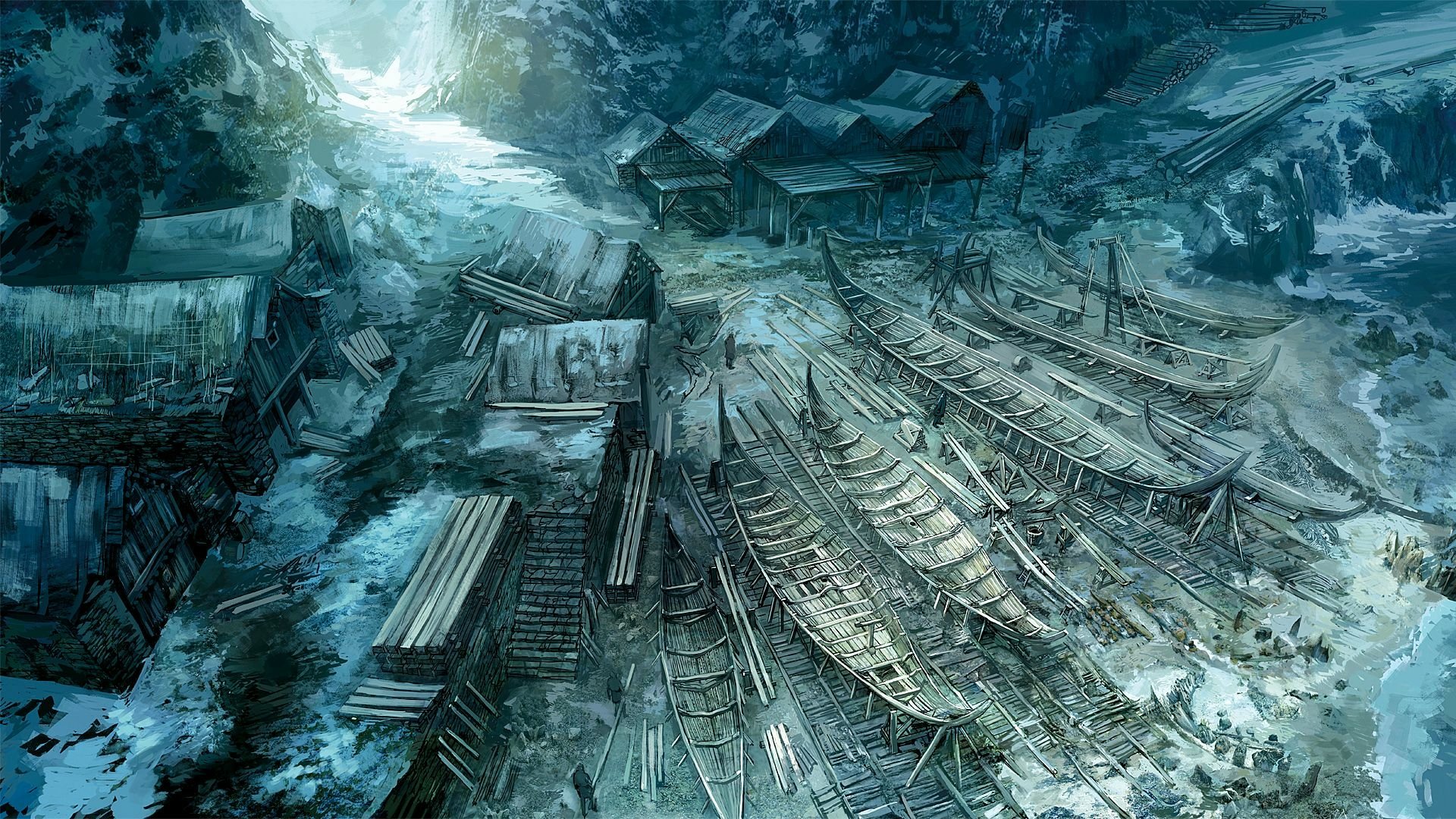 HD PC desktop wallpaper from the video game The Witcher 3: Wild Hunt, depicting a snowy shipyard with boats and rustic wooden buildings under a cold, pale light.