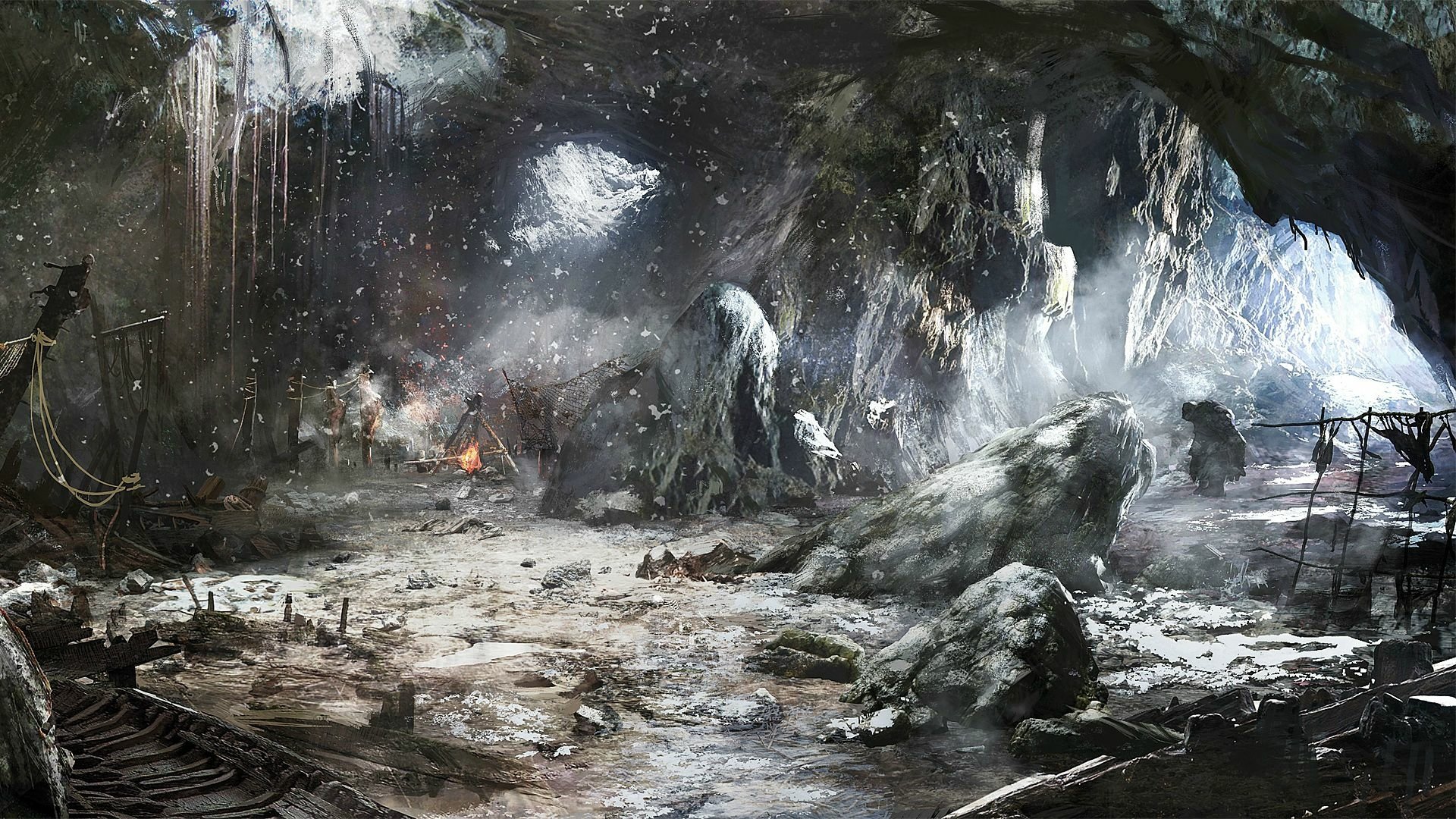 HD PC desktop wallpaper from the video game The Witcher 3: Wild Hunt, depicting a detailed icy cave environment with rocky formations and frozen stalactites.