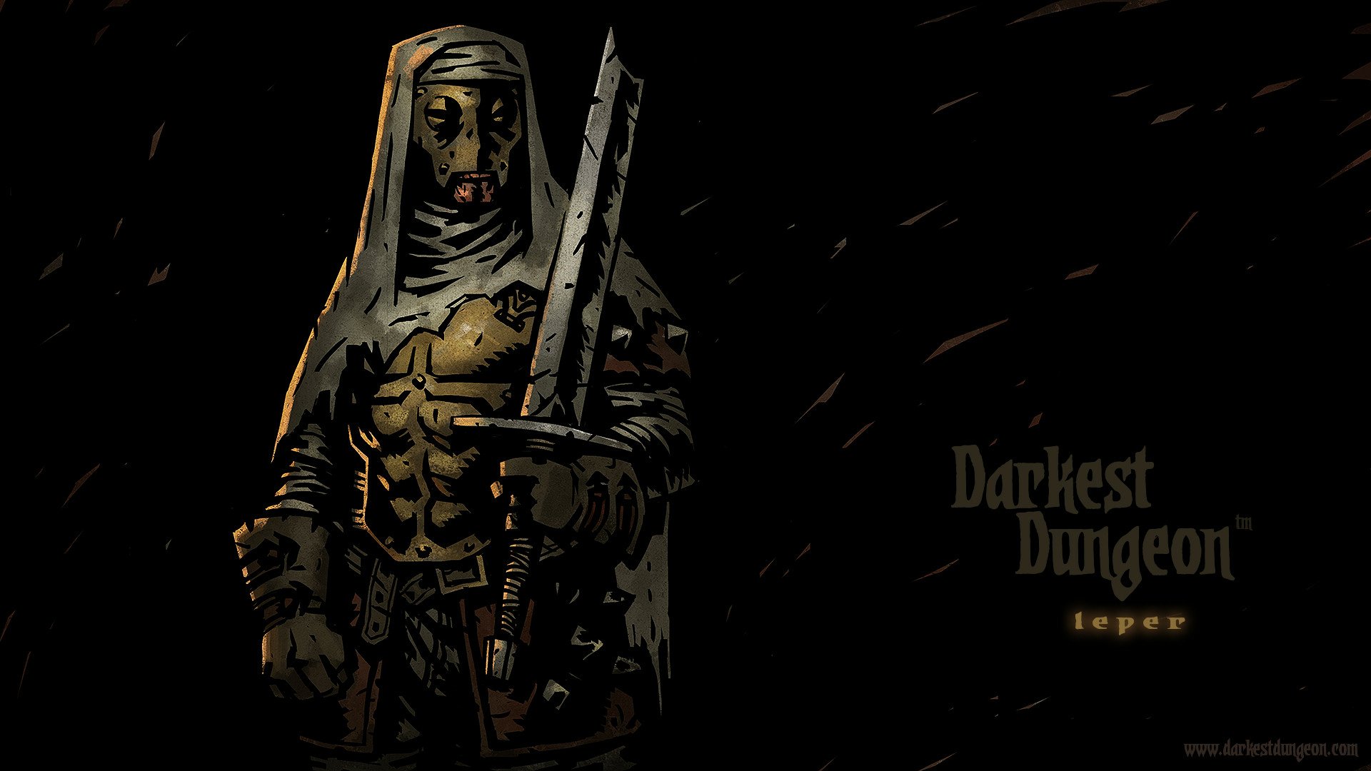 HD PC desktop wallpaper featuring the Leper, a masked warrior from the video game Darkest Dungeon, set against a dark, ominous background.