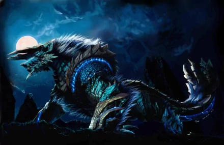 A striking HD wallpaper featuring Zinogre, the powerful monster from Monster Hunter, showcasing its fierce presence against a dark, moonlit background.