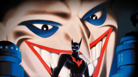 HD PC wallpaper from the movie Batman Beyond: Return of the Joker — Batman Beyond silhouette stands before a massive, grinning Joker face.