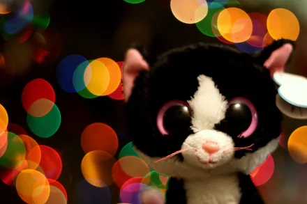 HD desktop wallpaper featuring a close-up of a man-made Beanie Boo cat with large pink eyes against a colorful bokeh background.