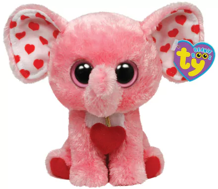 HD desktop wallpaper featuring a man-made pink Beanie Boos elephant plush with heart-patterned ears and a red heart accessory.