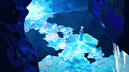 HD desktop wallpaper featuring Elsa from the movie Frozen, standing on a magical ice staircase in a mystical, icy cave setting.