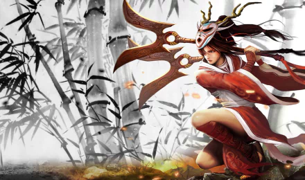 HD PC desktop wallpaper featuring Akali from League of Legends, depicted in dynamic pose with traditional attire and stylized bamboo background.