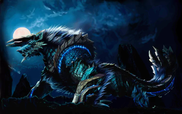 A striking HD wallpaper featuring Zinogre, the powerful monster from Monster Hunter, showcasing its fierce presence against a dark, moonlit background.