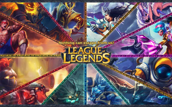 A vibrant HD wallpaper featuring characters from League of Legends, including Nocturne, Nautilus, Maokai, and more, showcasing iconic champions in an action-packed composition.