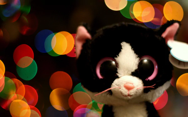 HD desktop wallpaper featuring a close-up of a man-made Beanie Boo cat with large pink eyes against a colorful bokeh background.