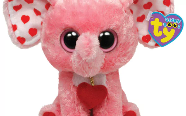 HD desktop wallpaper featuring a man-made pink Beanie Boos elephant plush with heart-patterned ears and a red heart accessory.