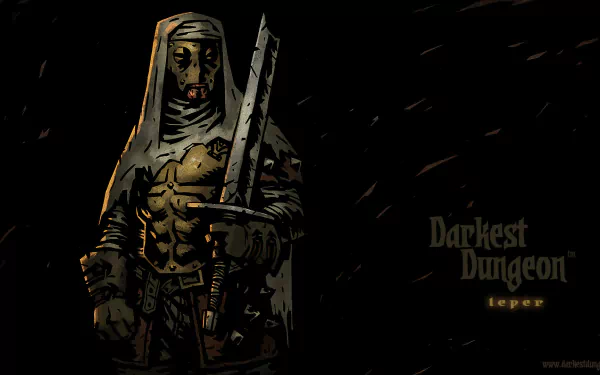 HD PC desktop wallpaper featuring the Leper, a masked warrior from the video game Darkest Dungeon, set against a dark, ominous background.