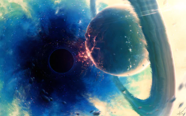 HD Sci-Fi desktop wallpaper featuring a black hole with a nearby planet and glowing atmosphere, creating an otherworldly and mesmerizing space background.