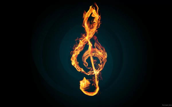 Flaming treble clef musical note blazing on a dark field — HD PC desktop wallpaper and background.