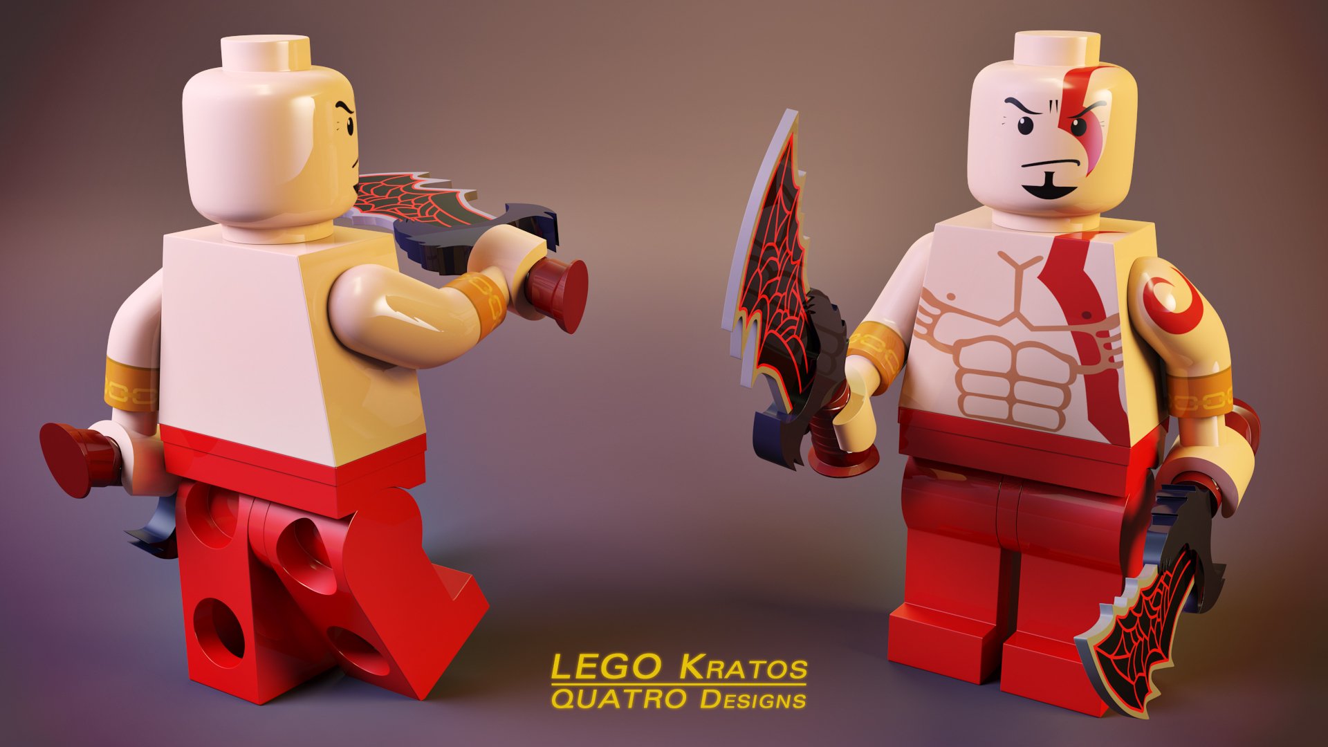 HD PC desktop wallpaper featuring man-made Lego figures of Kratos from the video game, showcasing detailed weapons and bold red and white colors.