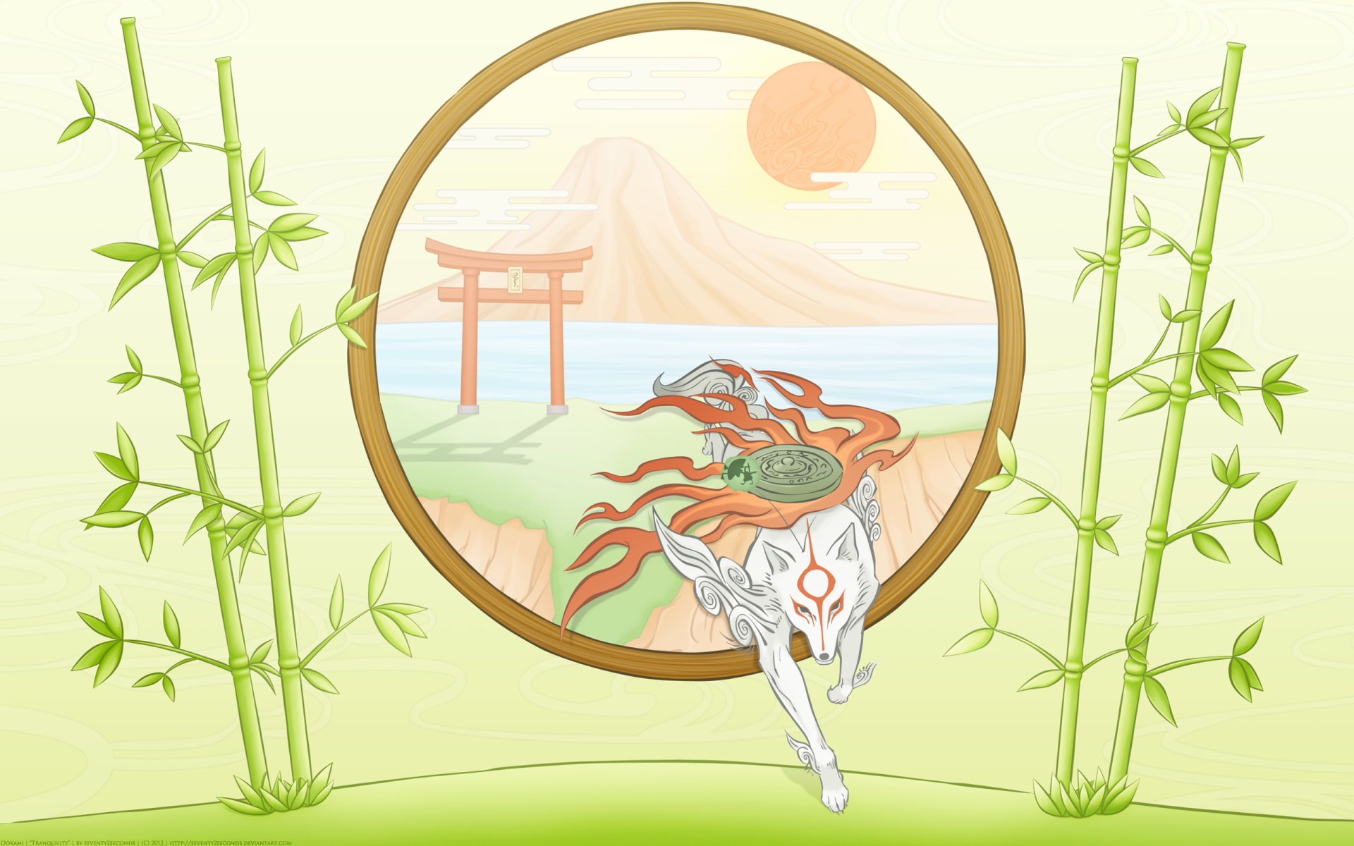 Stylized 2K Quad HD PC desktop wallpaper and background of video game Ōkami: white wolf with red markings leaping through a circular frame to a sunlit torii and mountain, bamboo borders.