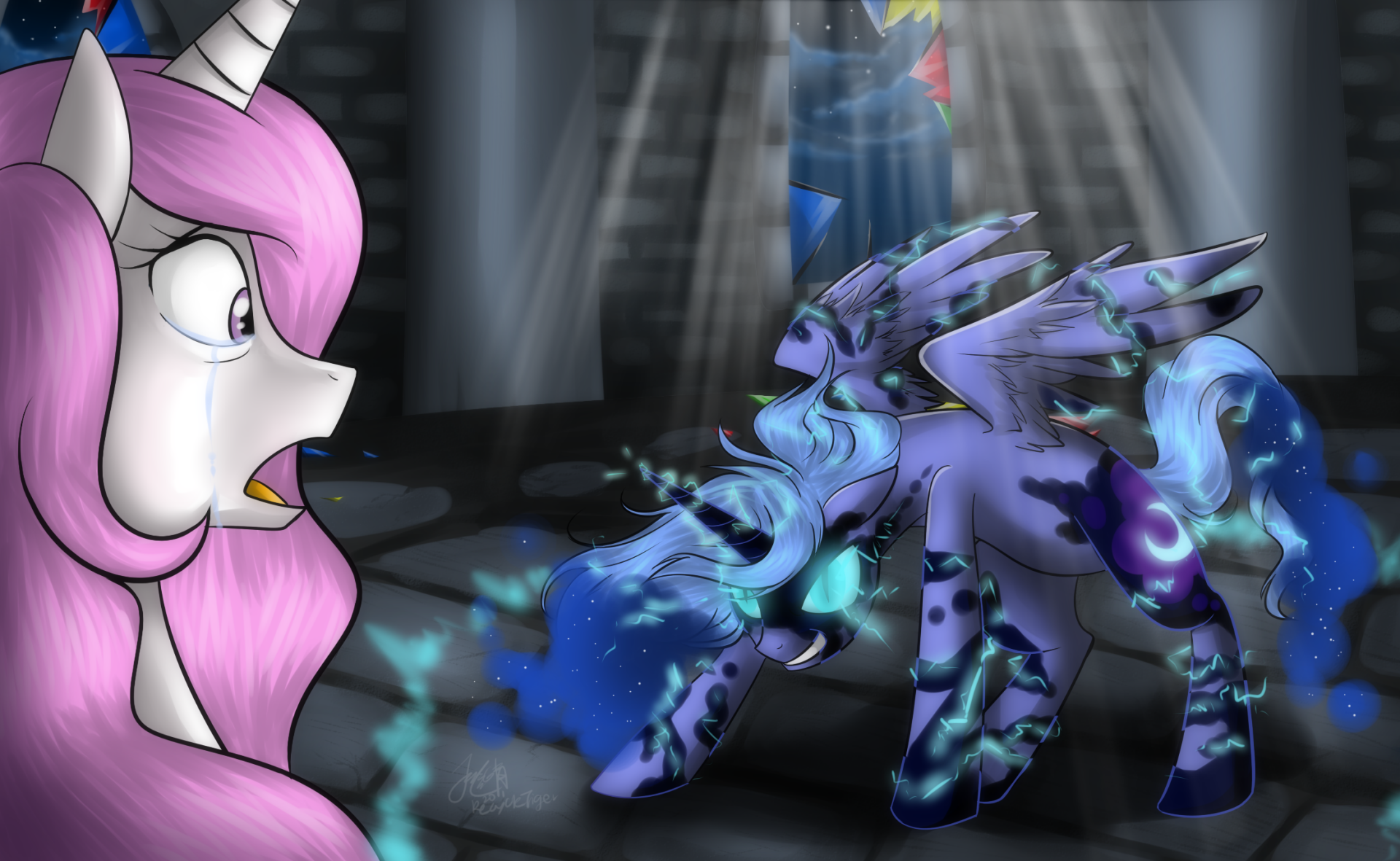 A dramatic scene from My Little Pony: Friendship Is Magic, featuring Nightmare Moon confronting Princess Celestia, with Princess Luna transformed and surrounded by magical energy.