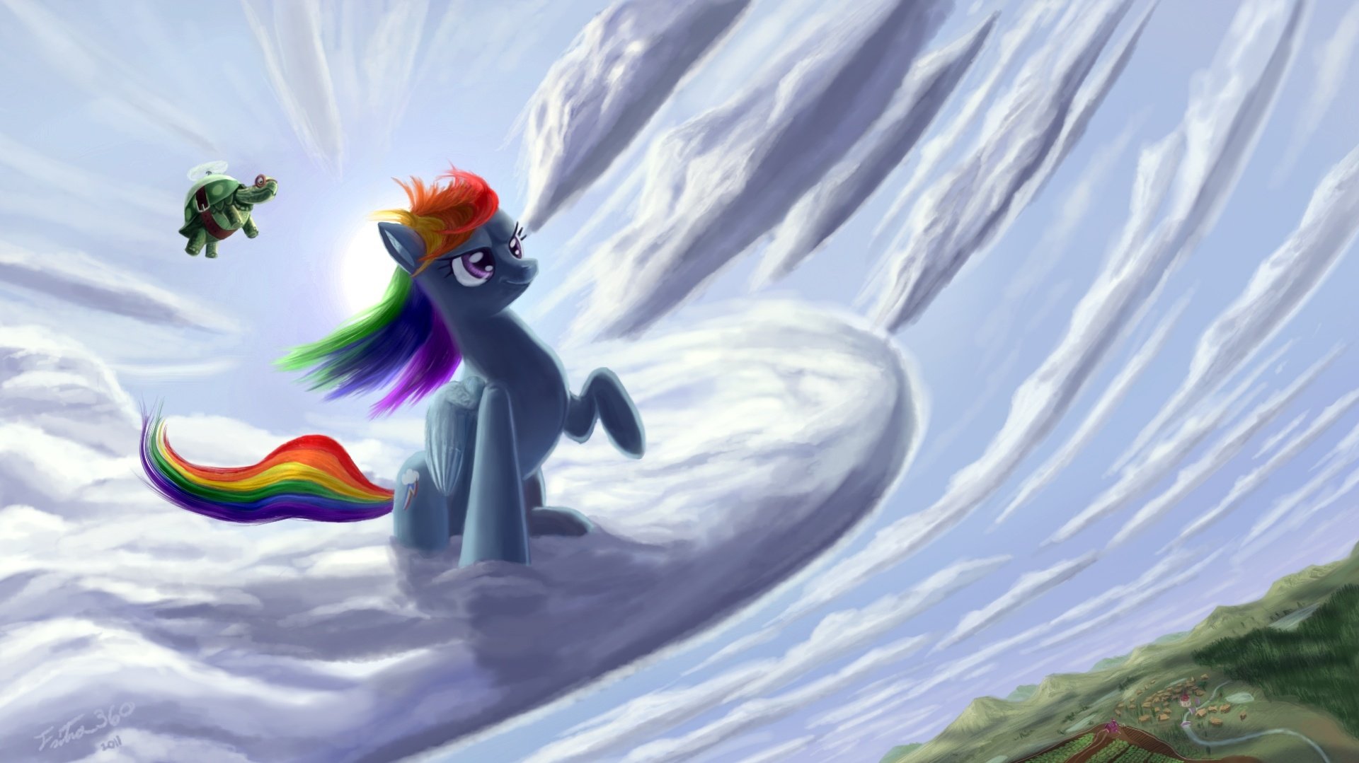 HD desktop wallpaper featuring Rainbow Dash and Tank from My Little Pony: Friendship Is Magic, set against a dynamic sky with swirling clouds.