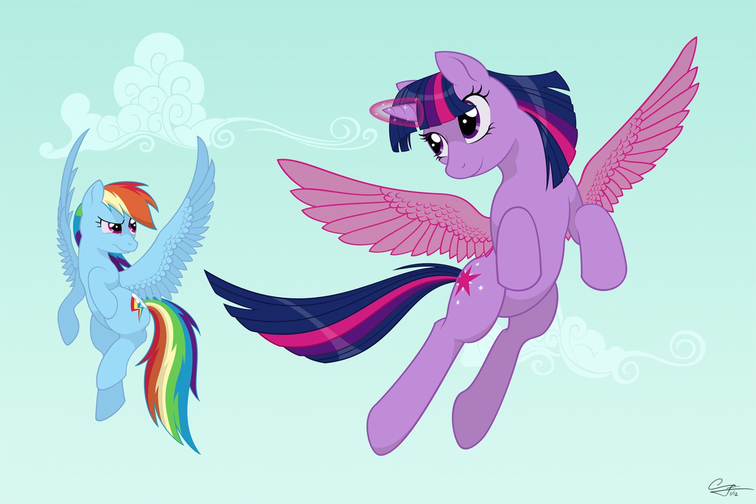 Rainbow Dash and Twilight Sparkle soar through a bright sky in this colorful HD wallpaper from *My Little Pony: Friendship Is Magic*, showcasing their unique personalities and magical friendship.