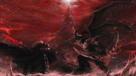 Dramatic 4K Ultra HD background showcasing a fierce battle in World of Warcraft, featuring dark characters against a red, stormy sky and a towering, ominous peak.