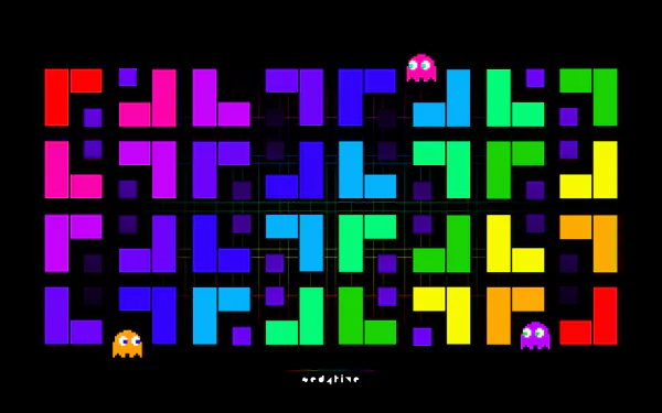 HD PC desktop wallpaper background featuring a colorful, abstract Pac-Man video game maze on black, with Pac-Man and three ghosts navigating dotted paths.