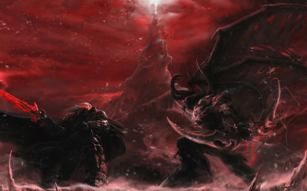Dramatic 4K Ultra HD background showcasing a fierce battle in World of Warcraft, featuring dark characters against a red, stormy sky and a towering, ominous peak.
