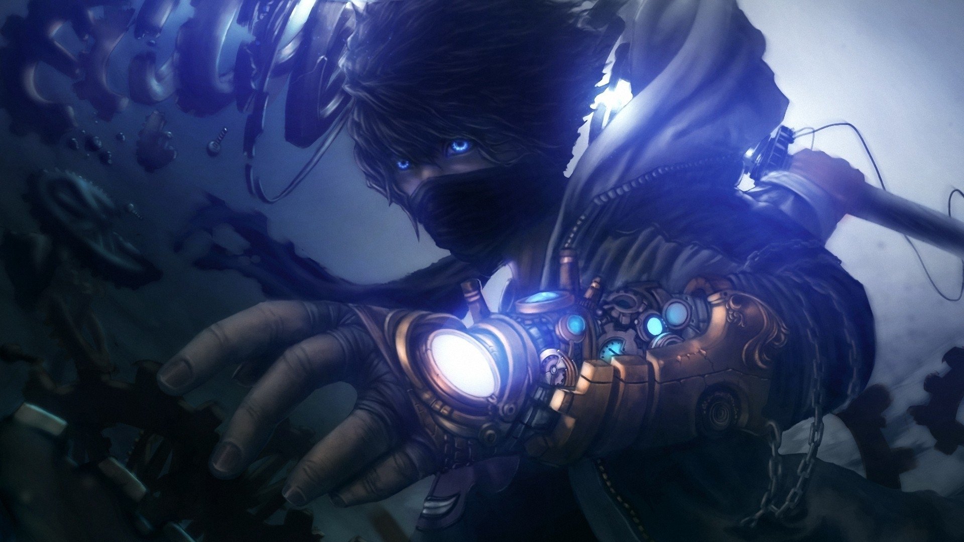 HD sci-fi warrior desktop wallpaper featuring a mysterious figure with glowing blue eyes and illuminated mechanical gauntlet in a dark, futuristic setting.