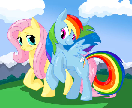 A vibrant HD wallpaper featuring Rainbow Dash and Fluttershy from *My Little Pony: Friendship Is Magic*, set against a scenic background with mountains and blue skies.