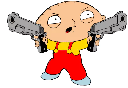 A bold HD wallpaper featuring Stewie Griffin from the TV show Family Guy, dramatically holding two guns and showcasing his signature mischievous expression.