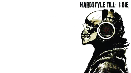 HD PC desktop wallpaper: grungy skull wearing headphones against white space, hardstyle music theme with bold HARDSTYLE text.