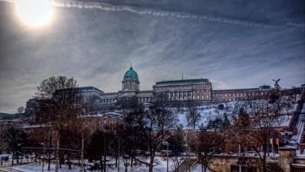 HD PC desktop wallpaper featuring a man-made view of Buda Castle under a partly cloudy sky with trees in the foreground.