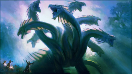 HD desktop wallpaper depicting a man-made hydra creature from Magic: The Gathering, featuring multiple fierce heads emerging against a misty, forested background.