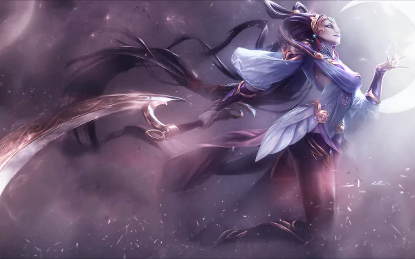 An HD wallpaper featuring Diana from League of Legends, showcasing her dynamic pose and ethereal presence against a mystical, cloud-filled background.