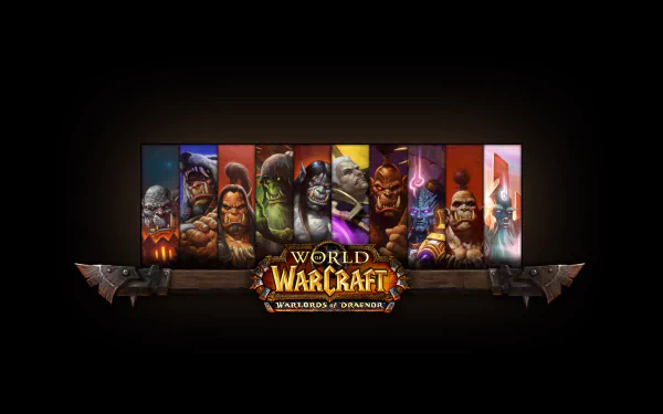 HD PC desktop wallpaper featuring key characters from World of Warcraft: Warlords of Draenor with the game logo centered against a dark background.