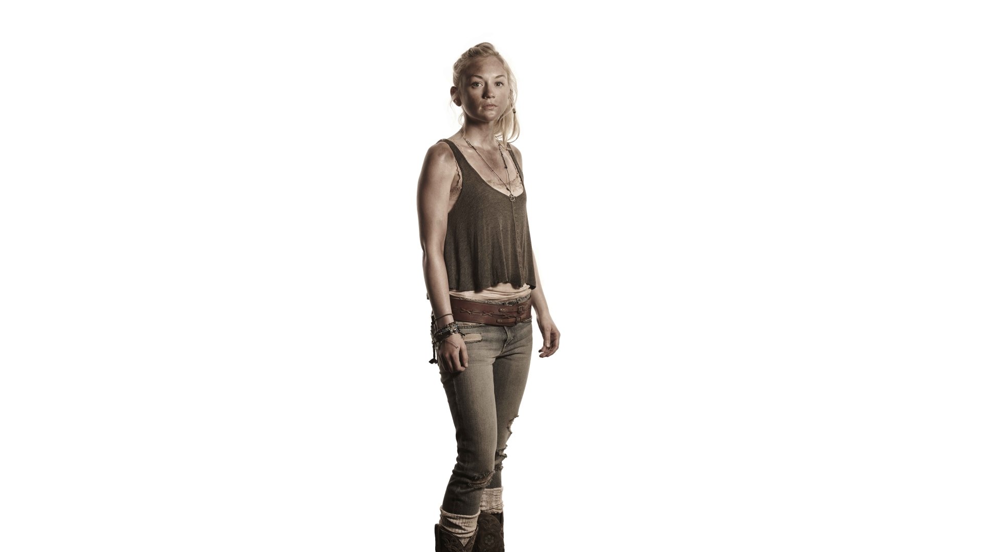 8K Ultra HD desktop wallpaper featuring a character from the TV show The Walking Dead, standing against a clean white background.