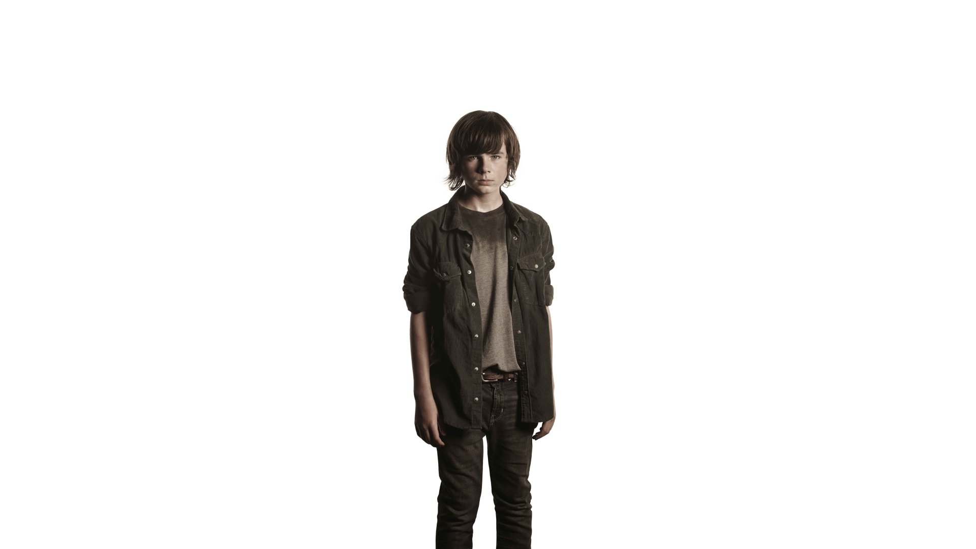 An 8K Ultra HD PC desktop wallpaper featuring a character from the TV show The Walking Dead, standing alone against a white background.