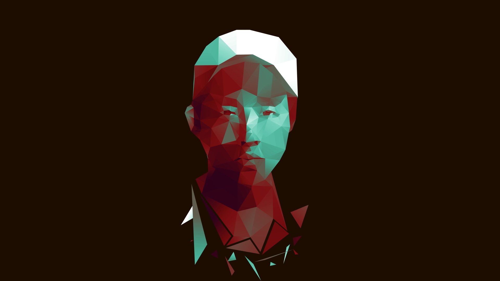Low-poly teal-and-red stylized portrait on black, themed to The Walking Dead TV show, 5K Ultra HD PC desktop wallpaper and background.