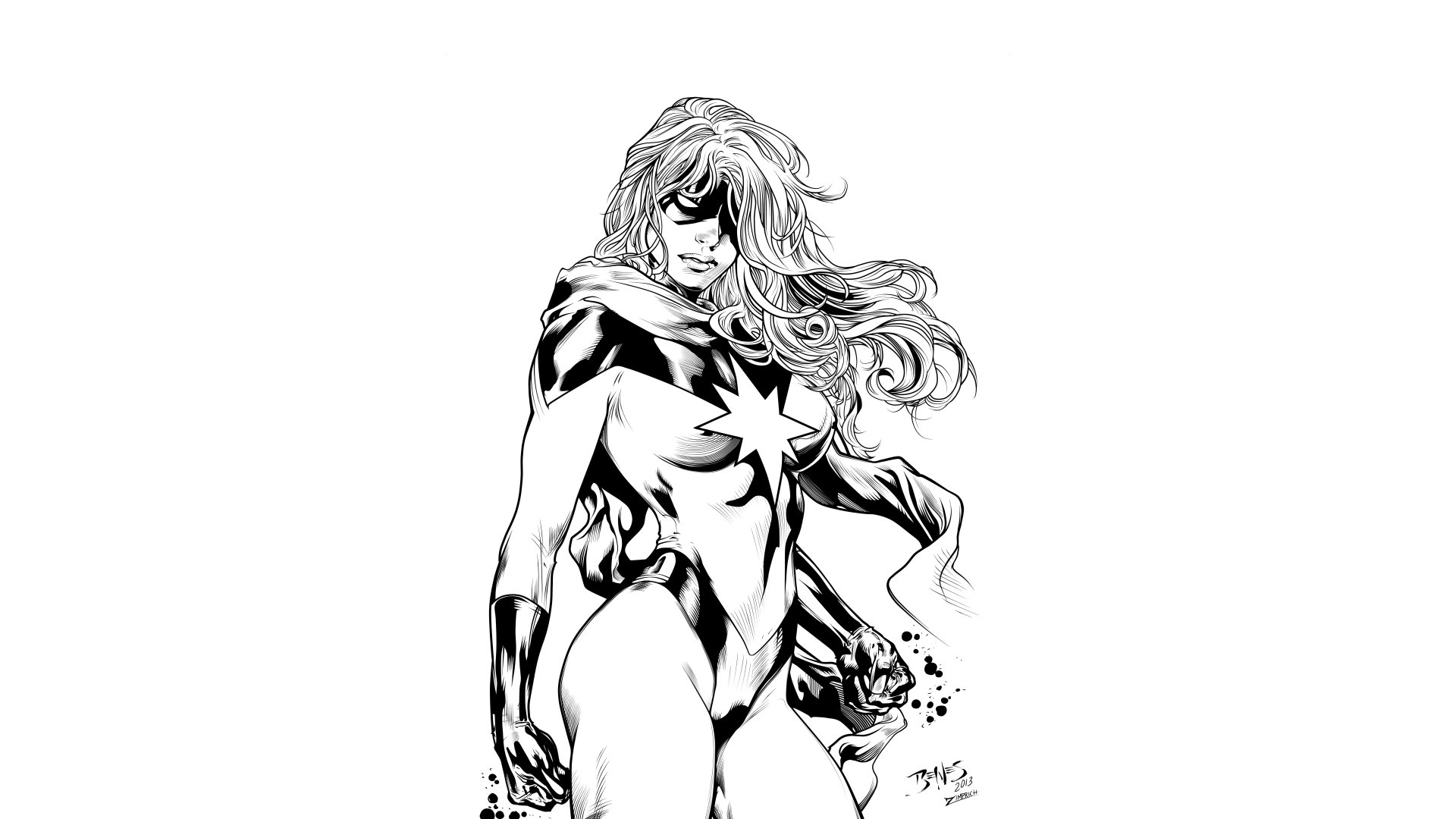 Black-and-white comic illustration of Ms. Marvel in a heroic pose with flowing hair and star emblem — 8K Ultra HD PC desktop wallpaper/background.