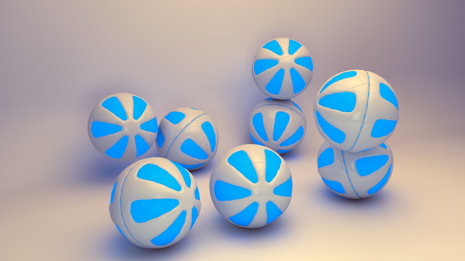 HD PC desktop wallpaper featuring abstract CGI 3D balls with blue and white segmented patterns on a soft gradient background.