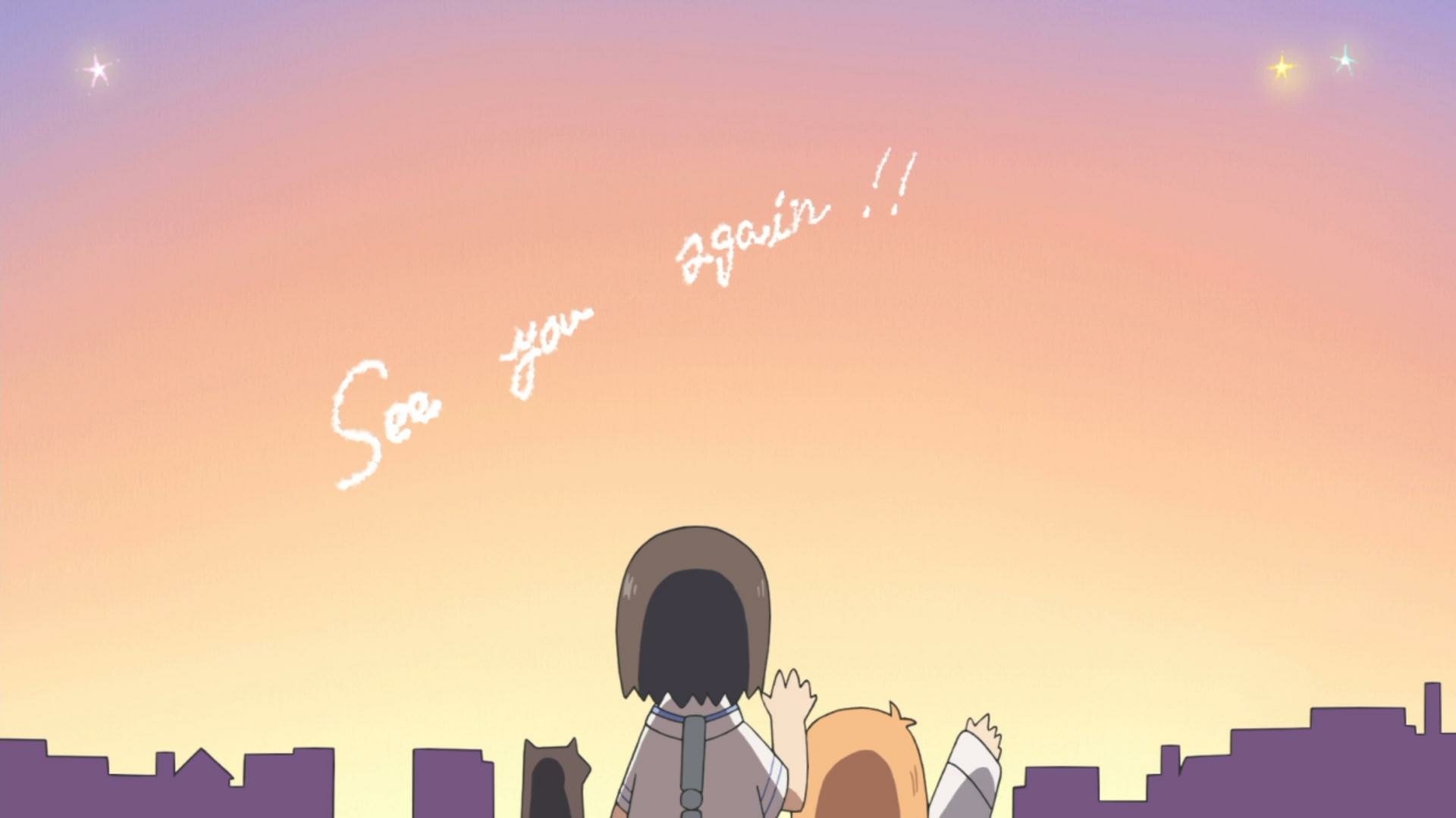Anime-style Nichijō HD desktop wallpaper showing two characters waving at a sunset with See you again!! written in the sky above a city skyline.