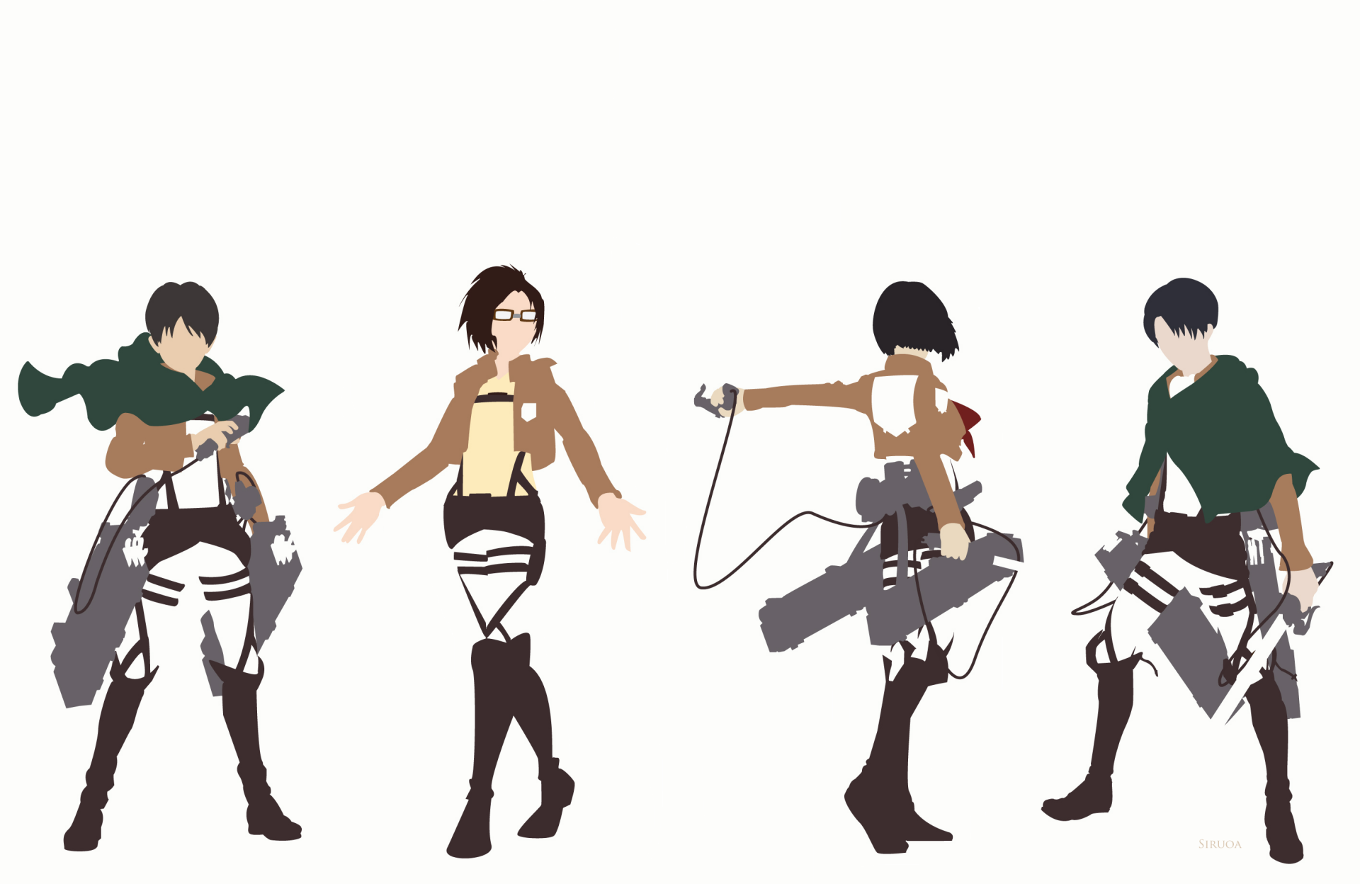 HD PC desktop wallpaper featuring minimalist anime characters from Attack on Titan in dynamic poses with 3D maneuver gear.