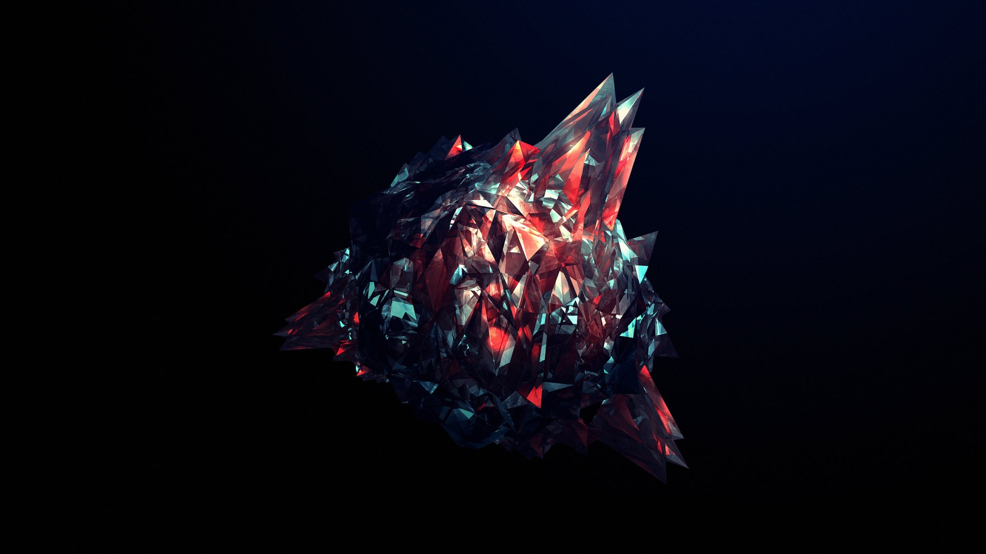 Abstract cluster of facets in red and teal on deep black — 2K Quad HD PC desktop wallpaper background.