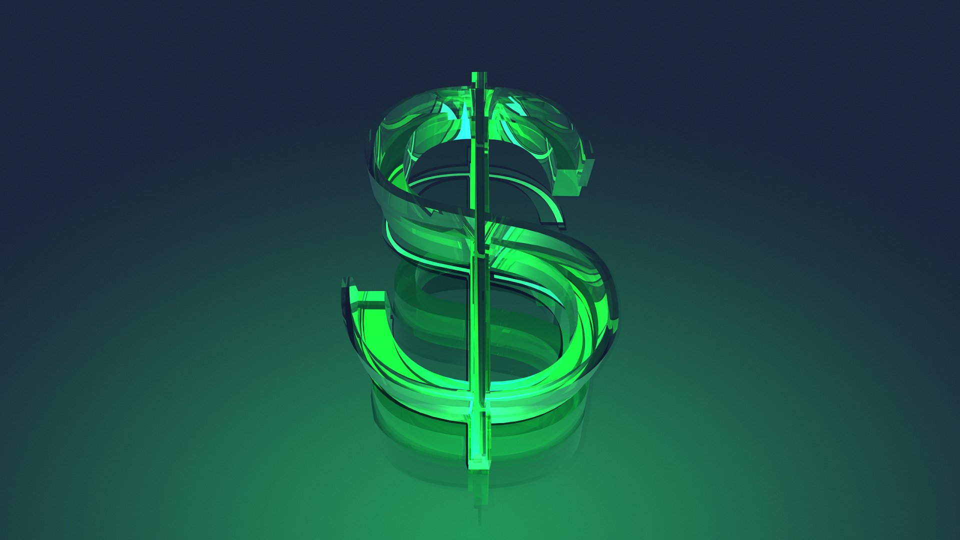 Abstract green glass dollar sign with faceted edges set against a dark, smooth background, designed as an HD PC desktop wallpaper.