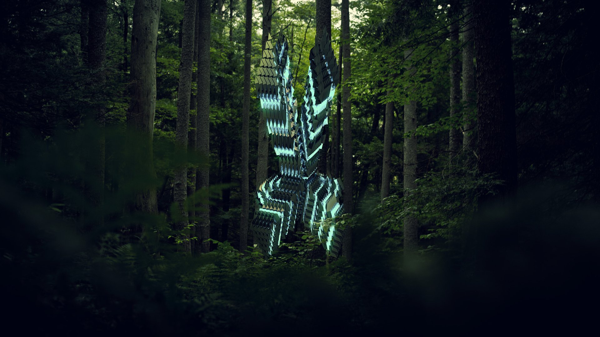 Abstract 3D glowing cyan geometric sculpture in a dim forest, rendered as a 2K Quad HD PC desktop wallpaper and background.