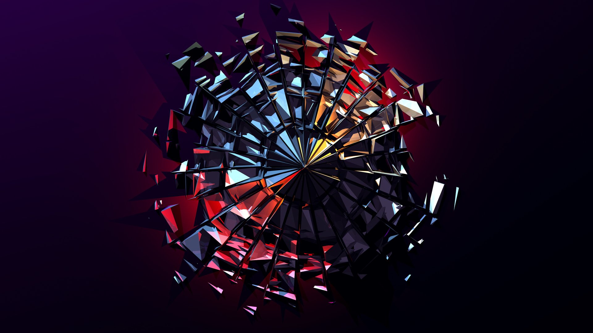 Abstract HD PC desktop wallpaper featuring a dynamic spherical structure with sharp, reflective facets in vibrant red, blue, and yellow tones against a dark background.