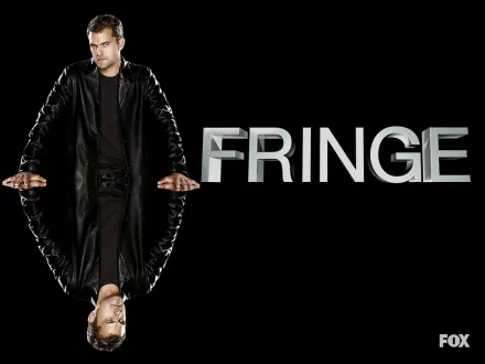 HD PC desktop wallpaper/background for the TV show Fringe: lone man in a dark coat mirrored vertically on a black backdrop, with a bold metallic FRINGE logo to the right.